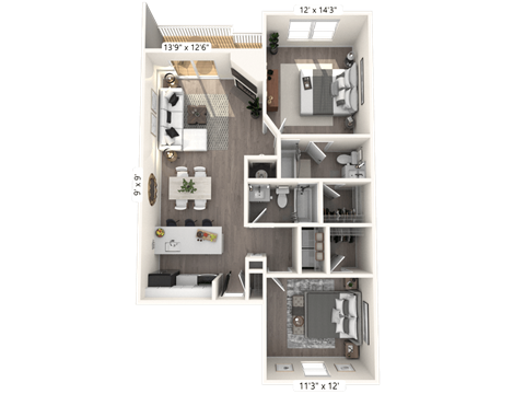 2 bed 2 bath Retreat Layout at The Vinings Apartments